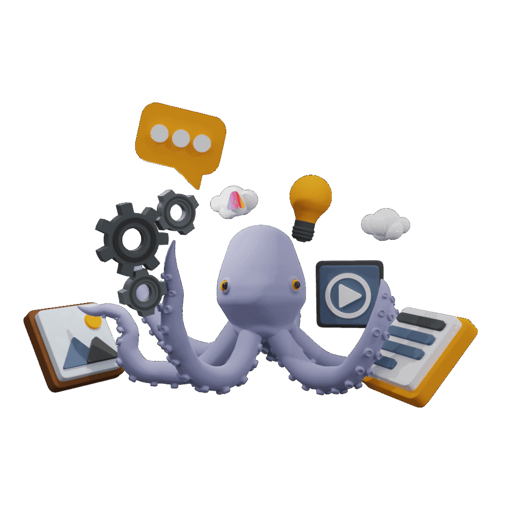 grafik_mit_octopus-maskotchen_und_attributen_wie_gluehbirne-sprechblase-zahnraeder-graphic-icon
